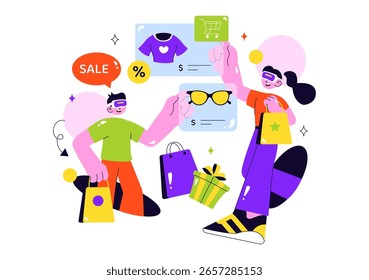 VR Shopping Vector Illustration featuring People Using Virtual Reality Digital Glasses to Experience Innovative Metaverse Shopping in a Background