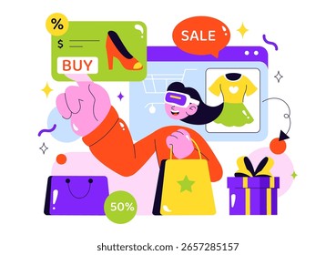 VR Shopping Vector Illustration featuring People Using Virtual Reality Digital Glasses to Experience Innovative Metaverse Shopping in a Background
