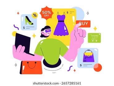 VR Shopping Vector Illustration featuring People Using Virtual Reality Digital Glasses to Experience Innovative Metaverse Shopping in a Background