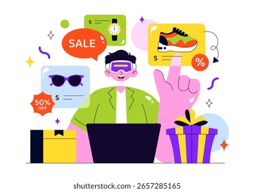 VR Shopping Vector Illustration featuring People Using Virtual Reality Digital Glasses to Experience Innovative Metaverse Shopping in a Background