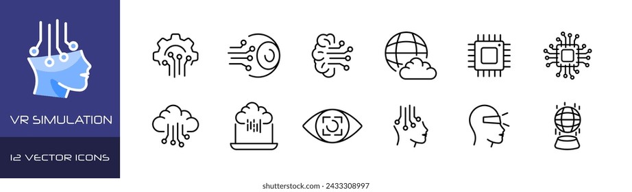 VR-Simulation-Symbolsatz. Linearer Stil. Vektorsymbole