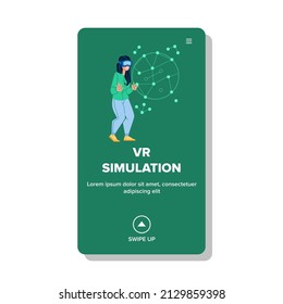 Vr simulation reality. game tech. technology 360. glasses camera simulate character web flat cartoon illustration