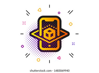 VR simulation sign. Halftone circles pattern. Augmented reality phone icon. 3d cube symbol. Classic flat augmented reality icon. Vector