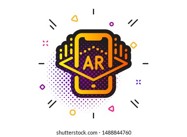 VR simulation sign. Halftone circles pattern. Augmented reality phone icon. 3d view symbol. Classic flat augmented reality icon. Vector