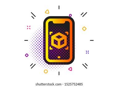 VR simulation sign. Halftone circles pattern. Augmented reality phone icon. 3d cube symbol. Classic flat augmented reality icon. Vector