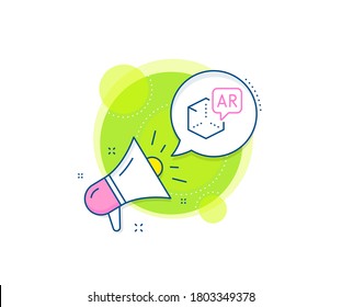 Signo de simulación VR. Icono del complejo de promoción Megaphone. Icono de línea de realidad aumentada. Símbolo de cubo 3d. Banner de marketing de negocios. Signo de realidad aumentada. Vector