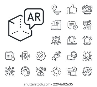 VR simulation sign. Place location, technology and smart speaker outline icons. Augmented reality line icon. 3d cube symbol. Augmented reality line sign. Influencer, brand ambassador icon. Vector