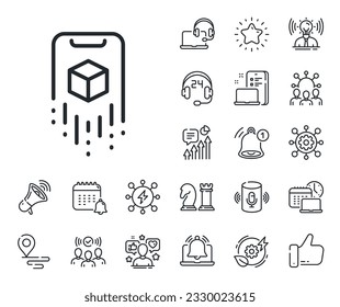 VR simulation sign. Place location, technology and smart speaker outline icons. Augmented reality phone line icon. 3d cube symbol. Augmented reality line sign. Vector