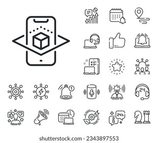 VR simulation sign. Place location, technology and smart speaker outline icons. Augmented reality phone line icon. 3d cube symbol. Augmented reality line sign. Vector