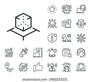 Signo de simulación VR. Coloque los iconos de la ubicación, la tecnología y el contorno del altavoz inteligente. Icono de línea de realidad aumentada. Símbolo de cubo 3d. Signo de línea de realidad aumentada. Influenciador, icono del embajador de la marca. Vector