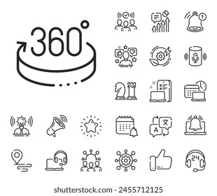 VR simulation sign. Place location, technology and smart speaker outline icons. 360 degrees line icon. Panoramic view symbol. 360 degrees line sign. Influencer, brand ambassador icon. Vector