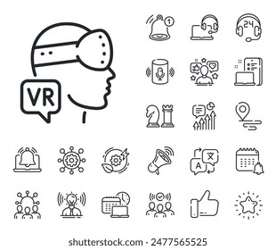 VR simulation sign. Place location, technology and smart speaker outline icons. Augmented reality line icon. Gaming headset glasses symbol. Augmented reality line sign. Vector