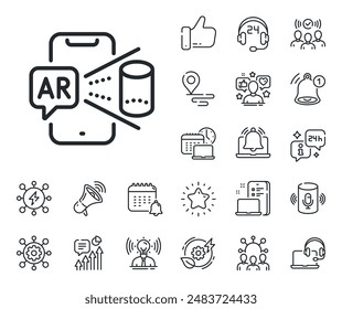 VR simulation sign. Place location, technology and smart speaker outline icons. Augmented reality phone line icon. 3d view symbol. Augmented reality line sign. Vector