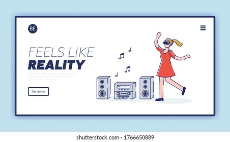 Vr simulation technology website landing page with woman in virtual reality glasses dancing. Augmented reality modern technology and cyberspace concept. Cartoon linear vector illustration