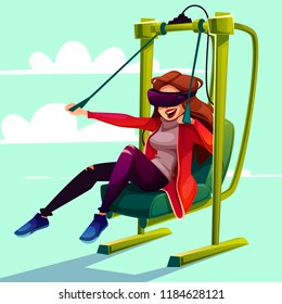 VR Simulator Entertainment Paragliding Vector Cartoon Illustration. Woman Or Girl In Virtual Reality Glasses On Paraglider Amusement Ride Or 3D Flight Video Game