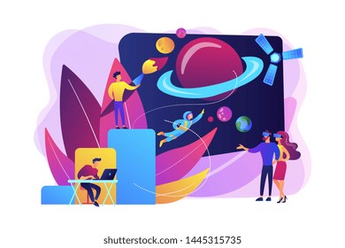 VR space exploration, virtual reality cosmos travel. Virtual world development, simulated environment experiences, virtual worlds design concept. Bright vibrant violet vector isolated illustration