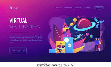 VR Space Exploration, Virtual Reality Cosmos Travel. Virtual World Development, Simulated Environment Experiences, Virtual Worlds Design Concept. Website Homepage Landing Web Page Template.