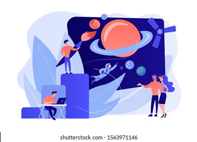 VR space exploration, virtual reality cosmos travel. Virtual world development, simulated environment experiences, virtual worlds design concept. Pinkish coral bluevector isolated illustration