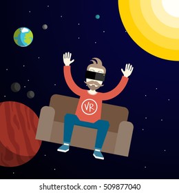 VR Space Travel Experience. Virtual Reality Headset on Man Head Vector Illustration