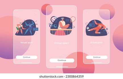 Vr Sport Mobile App Page Onboard Screen Template. Characters Immersed In Virtual Reality Sports With Concentration