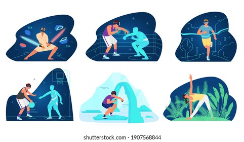 VR For Sport And Training People Vector Set. Men And Women In VR Headset Exercising And Doing Sports In Cyberspace Emulation. Playing, Running, Boxing, Yoga, Basketball, Fighting.