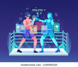 VR Sports concept illustration with a man wearing a VR headset playing boxing sports simulator with a virtual opponent in the metaverse. Flat vector illustration