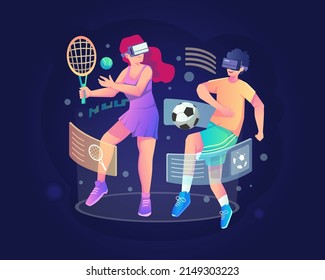 VR Sports concept illustration with a young man and young girl with VR headsets playing virtual sports simulator experience in the metaverse. Flat vector illustration