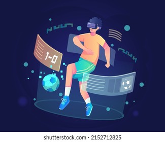 VR Sports concept illustration with a young man with a VR headset playing a virtual football simulator experience in the metaverse. Flat vector illustration