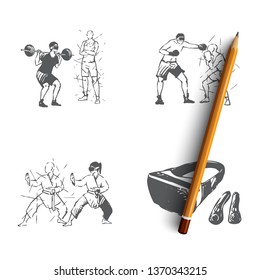 VR sports - home gym, sport games, martial arts, vr equipment vector concept set. Hand drawn sketch isolated illustration