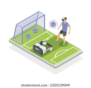 Entrenamientos deportivos VR de composición colorada e isométrica el hombre juega con una bola de fútbol virtual en la ilustración vectorial de campo