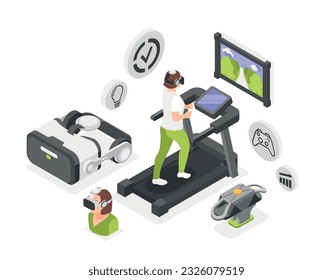 Vr sports trainings isometric colored composition girl running on a treadmill wearing virtual reality glasses vector illustration