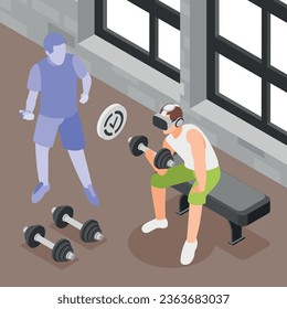 VR sports trainings isometric colored concept with young man works out at the gym with a trainer vector illustration