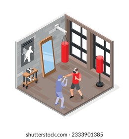 VR sports trainings isometric composition the man is fighting a non existent opponent vector illustration