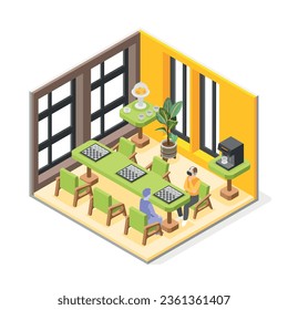 VR sports trainings isometric concept with man plays chess with a virtual opponent vector illustration