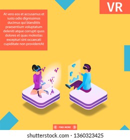 VR Square Banner. Gaming in Augmented Virtual Reality. Man and Woman Play Video Game Using Virtual Reality Glasses Sitting Face to Face. Entertainment Industry. 3D Isometric Flat Vector Illustration