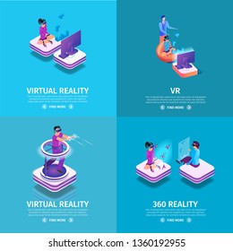 VR Square Banners Set on Blue Gradient Background with Copy Space. Gaming People. Man Playing Video Game in Goggles, Running and Shoot with Guns. Virtual Reality. 3d Flat Vector Isometric Illustration