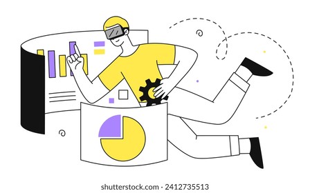 VR statistics man linear. Young guy in virtual realirty glasses look at graphs and diagrams. Analyst conducting marketing research. Economy and trading, investing. Doodle flat vector illustration