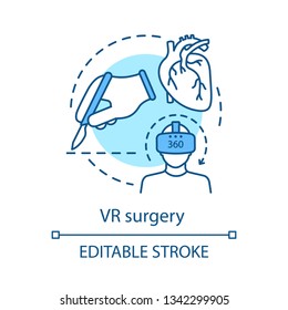 VR surgery concept icon. Virtual reality in medicine. Cardiac surgery. Medical training. Virtual reality application idea thin line illustration. Vector isolated outline drawing. Editable stroke