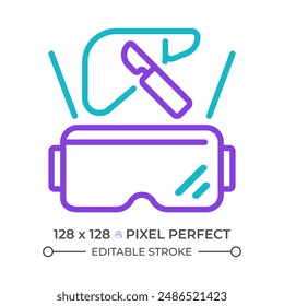 VR surgery two color line icon. Virtual reality in medicine. AR education. VR goggles and liver bicolor outline symbol. Duotone linear pictogram. Isolated illustration. Editable stroke