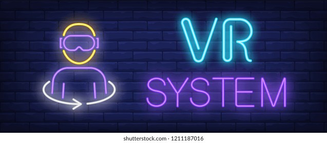 VR system neon text and person in virtual reality glasses. Computer games advertisement design. Night bright neon sign, colorful billboard, light banner. Vector illustration in neon style.