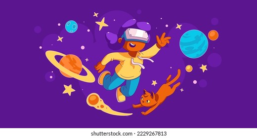 Concepto de tecnologías VR con chicas en gafas digitales en el espacio exterior con planetas, estrellas y gato. Realidad virtual, metaverso para entretenimiento, estudio, ilustración vectorial en estilo contemporáneo