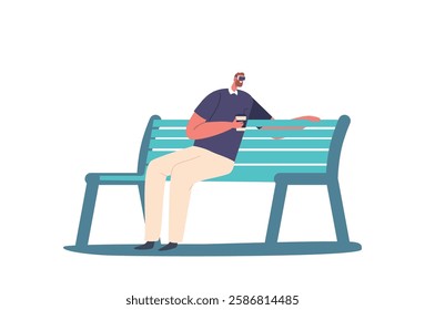 Vr Technologies Concept. Male Character in Headset Sitting on Bench with Coffee Cup in Hand Isolated on White Background