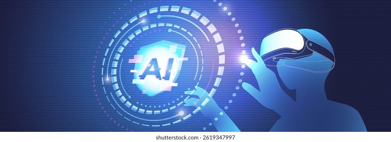 VR technology concept with futuristic AI interface, holographic digital display, and a person wearing virtual reality headset interacting with a virtual world.