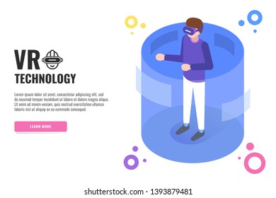 VR technology concept. Man wearing VR glasses. Web banner, infographics. Isometric vector illustration.