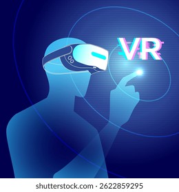 VR Technology concept with a person using virtual reality headset, interacting with glowing futuristic interface in a digital blue-themed environment.