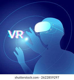 VR Technology concept with a person using virtual reality headset, interacting with glowing futuristic interface in a digital blue-themed environment.