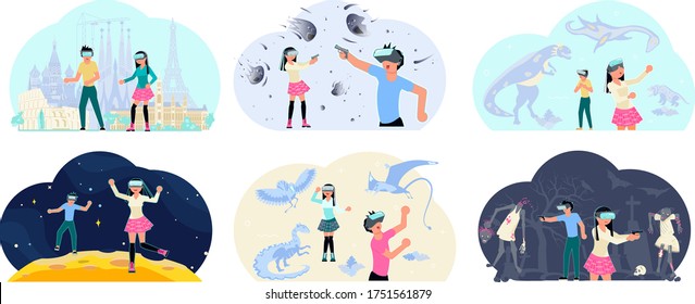 VR technology concept set. Boy and girl with VR headset are playing and learning. Virtual reality for education and games. Flat Art Vector illustration