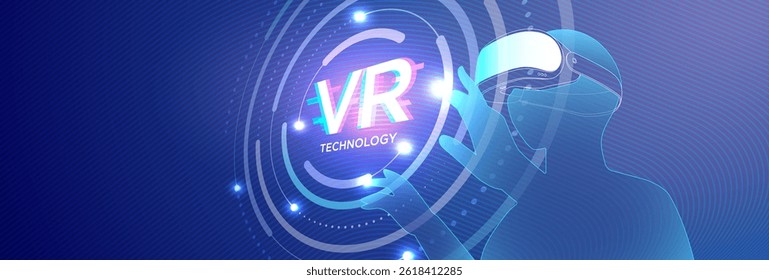 VR Technology concept showing a futuristic user with VR headset interacting with a virtual interface, glowing digital elements on a vibrant blue background.