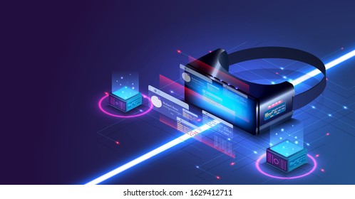 VR technology concept. Virtual reality isometric view display. Mixed media abstract.Gamer concept. Interactive screen. Future technology concept. Innovative technology development and product analysis