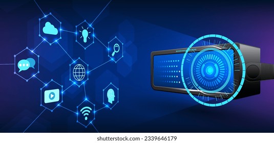 VR technology. VR glasses with technology screen display looking at icons. It represents an entry into a virtual world that works with entertainment, learning, and work.